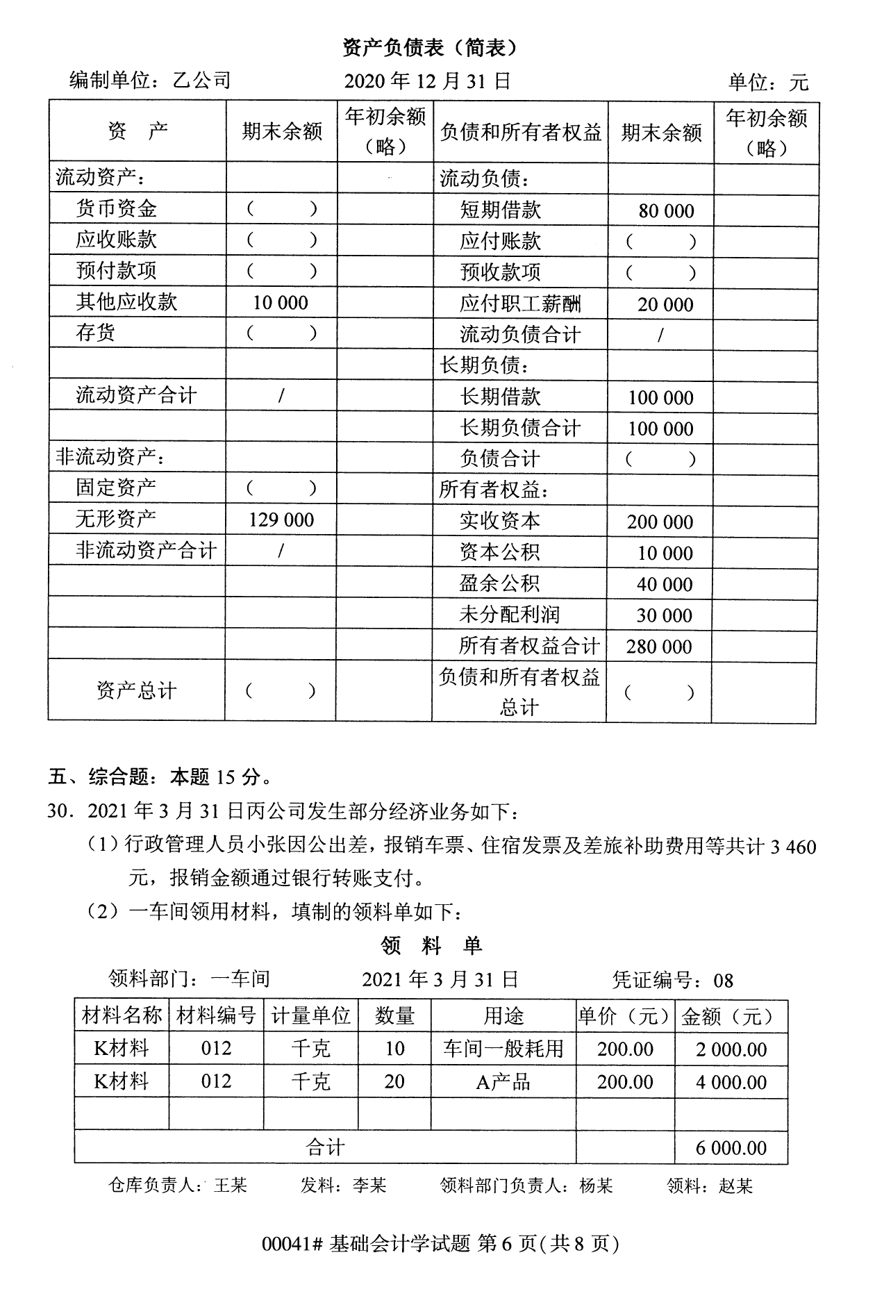 全國統(tǒng)考課程云南自考基礎(chǔ)會計學(xué)試卷